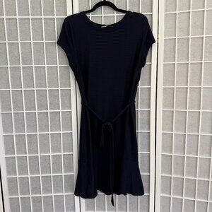 Loft Navy Blue Knee Length Dress Tie Waist Ruffle Hem L